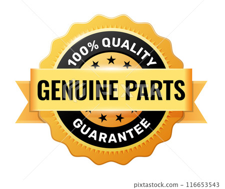 Genuine parts medal, reliable original goods from authorized seller, trusted vendor gold badge, veritable parts emblem, vector Genuine parts medal, reliable original goods from authorized seller, trusted vendor gold badge, veritable parts emblem, vector 116653543