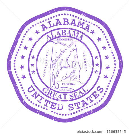 Alabama state stamp with seal, USA travel stamp, shabby postmark of Alabama, vector 116653545