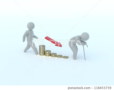 Decreasing funds from young people to the elderly graph and arrow icon gray horizontal 3D illustration Decreasing funds from young people to the elderly graph and arrow icon gray horizontal 3D illustration 116653739