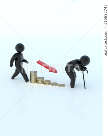 Decreasing funds from young people to the elderly graph and arrow icon black vertical 3D illustration 116653745