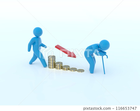 Decreasing funds from young people to old people graph and arrow icon blue horizontal 3D illustration 116653747