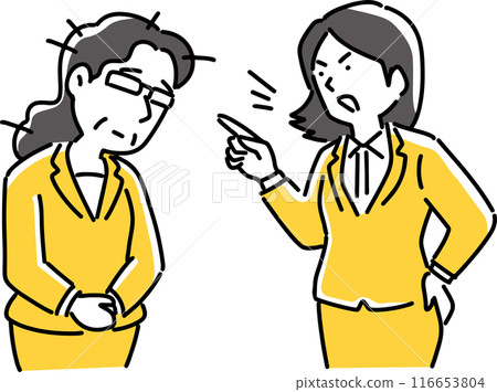 An older female employee being lectured by a younger female employee An older female employee being lectured by a younger female employee 116653804