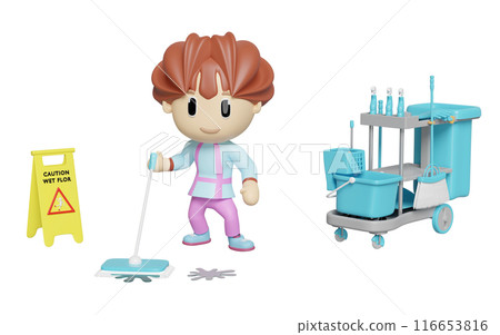 3d housekeeper or cleaning staff is wiping and mopping the wet floor with cleaning cart, caution slippery sign isolated. cleaning tool equipment, 3d illustration render 3d housekeeper or cleaning staff is wiping and mopping the wet floor with cleaning cart, caution slippery sign isolated. cleaning tool equipment, 3d illustration render 116653816