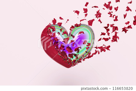 3d rainbow glass heart with red shell isolated on pink background. 3d render illustration 116653820