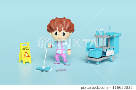 3d housekeeper or cleaning staff is wiping and mopping the wet floor with cleaning cart, caution slippery sign isolated on blue background. cleaning tool equipment, 3d illustration render 3d housekeeper or cleaning staff is wiping and mopping the wet floor with cleaning cart, caution slippery sign isolated on blue background. cleaning tool equipment, 3d illustration render 116653825