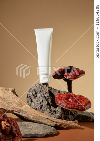 Front view of a white tube with empty label standing on a rock. Some lingzhi mushrooms are arranged with rocks. White cosmetic tube for face cream, cleanser, body lotion or shampoo 116654288