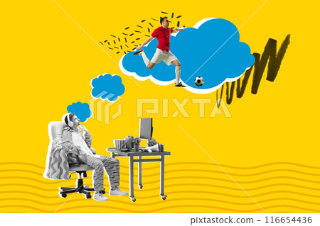 Young man sitting at desk and dreaming of playing soccer, highlighting the contrast between working lifestyle as freelancer and active sporting dreams. Contemporary art collage. Young man sitting at desk and dreaming of playing soccer, highlighting the contrast between working lifestyle as freelancer and active sporting dreams. Contemporary art collage. 116654436