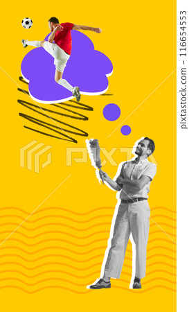 Man doing daily routine of dusting with his imaginative escape into soccer against yellow background. Contemporary art collage. Man doing daily routine of dusting with his imaginative escape into soccer against yellow background. Contemporary art collage. 116654553