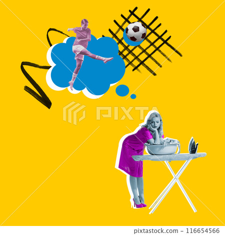 Woman doing domestic chores and dreaming about playing soccer, symbolizing contrast between everyday life and personal aspirations. Contemporary art collage. Woman doing domestic chores and dreaming about playing soccer, symbolizing contrast between everyday life and personal aspirations. Contemporary art collage. 116654566