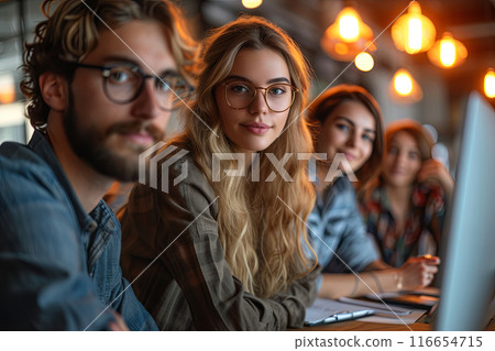 Group of young people are sitting around a table with a laptop in front of them 116654715