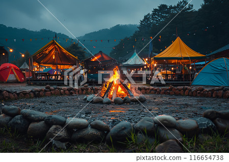 Campsite with tents and a fire pit Campsite with tents and a fire pit 116654738