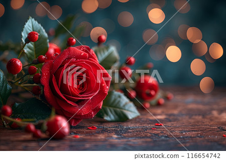 Red rose is on a wooden table with some berries around it 116654742