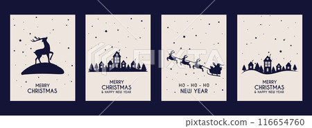 Merry Christmas card set. Winter village, Santa sleigh, snowfall and deer. Dark blue background. Merry Christmas and Happy New Year. Vector 116654760