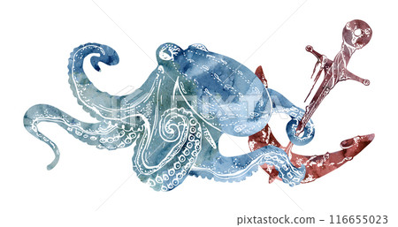 Watercolor and ink hand drawn marine life, sea ocean underwater creatures. fish, shells algae seaweed. Composition illustration, stylized, isolated on white. For zoo shop, aquarium, cosmetics, resort Watercolor and ink hand drawn marine life, sea ocean underwater creatures. fish, shells algae seaweed. Composition illustration, stylized, isolated on white. For zoo shop, aquarium, cosmetics, resort 116655023