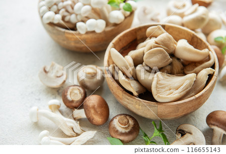 Assortment of various raw mushrooms Assortment of various raw mushrooms 116655143