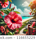 熱帶藍色的海和鮮紅色的木槿 116655229