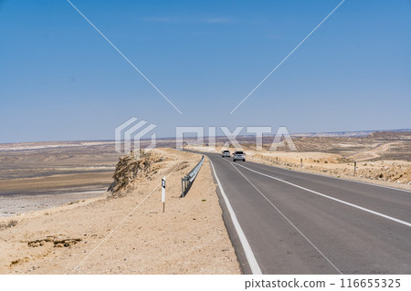 Ustyurt Plateau with car and Mangistau 116655325