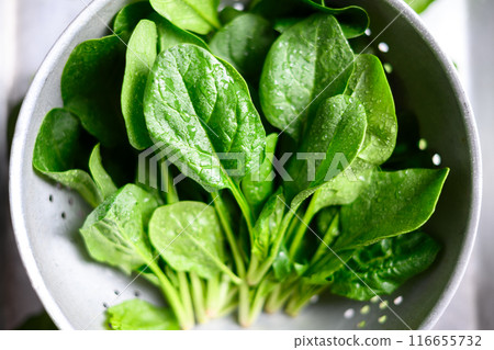 Young leaves of fresh green spinach in a metal colander Young leaves of fresh green spinach in a metal colander 116655732