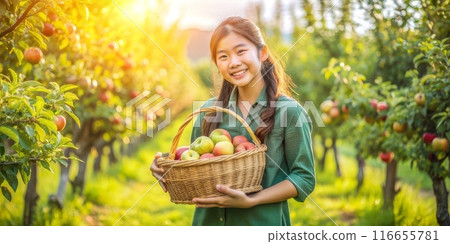 A teenager with a basket of apples 116655781