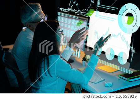 Business Analysts Discussing Data Visualizations on Computer Screens Business Analysts Discussing Data Visualizations on Computer Screens 116655929