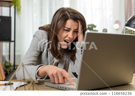 Business woman programmer software developer loses, system error virus bad news data loss at office Business woman programmer software developer loses, system error virus bad news data loss at office 116656236