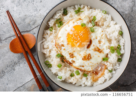 Homemade Asian Fried Egg and Rice Breakfast with Soy Sauce closeup on the bowl. Horizontal top view 116656751