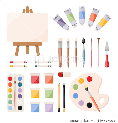 Painting tools, art supplies set. Paints, canvas, paint tubes, brushes, palette knife, watercolor palette, crayons, pencils, eraser. Artist equipment icons. Vector illustration 116656904