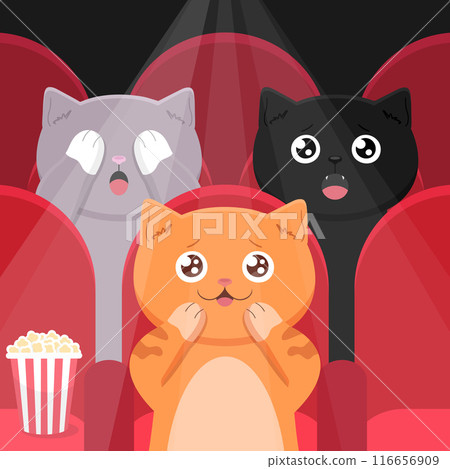 Three cute cats sitting in movie theater. Kittens watching a movie in movie hall with red seats and spotlight. Cute cartoon characters with different emotions. Vector illustration Three cute cats sitting in movie theater. Kittens watching a movie in movie hall with red seats and spotlight. Cute cartoon characters with different emotions. Vector illustration 116656909