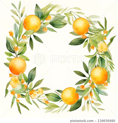 A round frame made of watercolor lemons. Isolated on a white background. 116656980