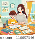 父母和孩子一起做暑假作業的插圖 116657346