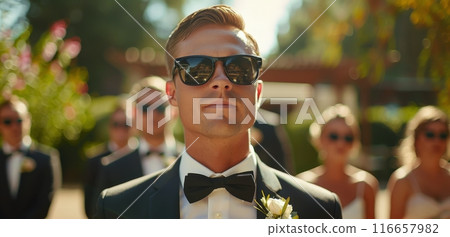 Groom In Sunglasses With Groomsmen At Outdoor Wedding Ceremony 116657982