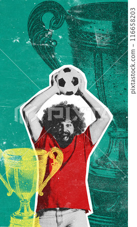 Poster. Contemporary art collage. Man wearing red shirt, holds soccer ball above his head against background with vintage style trophies. Textured effect. 116658203