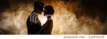 Couple's Silhouette in Smoky Setting During Wedding Reception 116658298