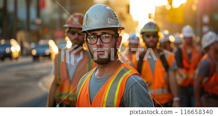 Construction Worker Wearing Safety Gear Looks Toward Camera on Busy Street 116658340