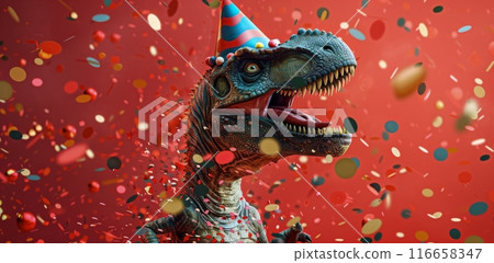 Smiling Dinosaur Wearing Party Hat Surrounded by Confetti Smiling Dinosaur Wearing Party Hat Surrounded by Confetti 116658347