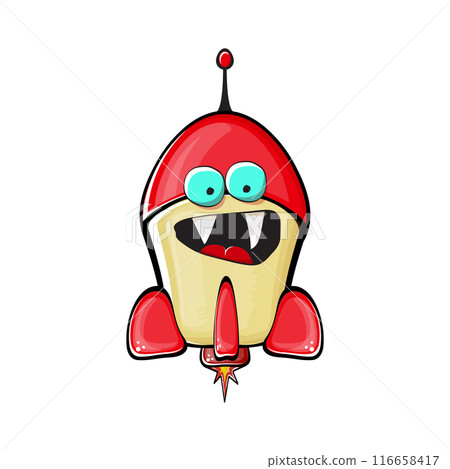Rocket spaceship character. Cartoon space rocket isolated on transparent background. Funky spaceship and shuttle character with eyes and mouth. Vector retro space ship clip art, emoji and sticker 116658417