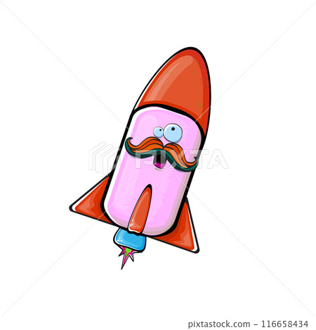 Rocket spaceship character. Cartoon space rocket isolated on transparent background. Funky spaceship and shuttle character with eyes and mouth. Vector retro space ship clip art, emoji and sticker 116658434