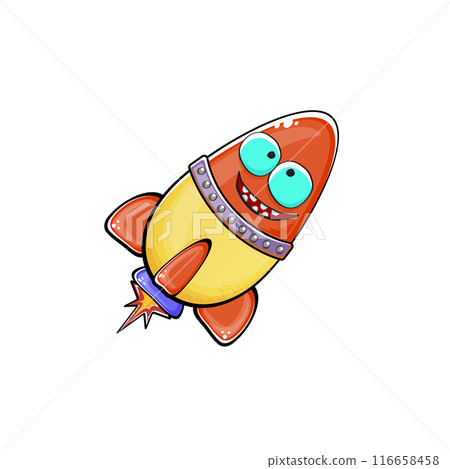 Rocket spaceship character. Cartoon space rocket isolated on space background. Funky spaceship and shuttle character with eyes and mouth. Vector retro space ship clip art, emoji, label and sticker 116658458