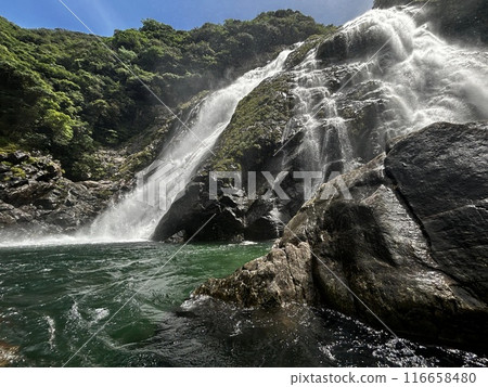 Okono-taki Falls are grand waterfalls representative of Yakushima Island at a height of 88 m. The attractive feature is the sight that changes just after rain because the rainfall runs over bedrock fo 116658480
