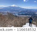 Lake Kawaguchi and Mt. Fuji as seen from the summit of Mt. Kurodake (man) 116658532