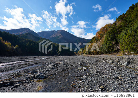 Autumn leaves upstream of the Oshiro River Sabo Dam, Yamanashi Prefecture 116658961