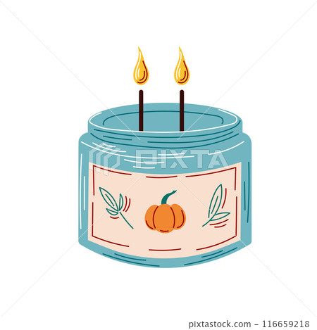 Aroma pumpkin candle in a candlestick flat style. Calm and cozy atmosphere. Scented candles in jar. Design for poster, banner, postcard, sticker. Vector illustration isolated on a white background. 116659218
