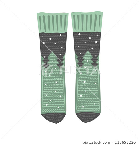 Fairy woolen knitted socks with pine trees and snow, cozy Xmas and Winter symbol. Christmas stockings, vector illustration Fairy woolen knitted socks with pine trees and snow, cozy Xmas and Winter symbol. Christmas stockings, vector illustration 116659220