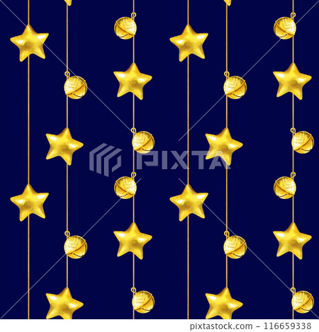 watercolor seamless pattern with Christmas tree toys, shiny gold balls, garlands of gold glitter beads, golden glossy stars, illustration with Christmas decoration blue background 116659338
