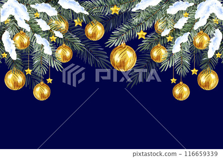 watercolor Christmas tree in the snow with golden Christmas baubles, balls, stars, hand drawn sketch of green fir branches with Christmas tree toys, on blue background, winter illustration watercolor Christmas tree in the snow with golden Christmas baubles, balls, stars, hand drawn sketch of green fir branches with Christmas tree toys, on blue background, winter illustration 116659339