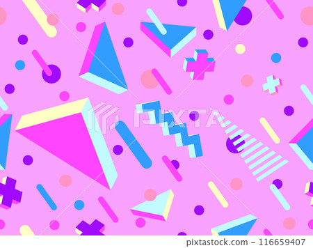 Geometric seamless pattern in 80s style. Colorful geometric pattern with isometric geometric 3D shapes. Design of promotional products, wrapping paper and printing. Vector illustration 116659407