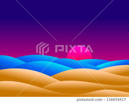 View of the coast from the desert. Sand dunes, sea and sun. Wavy landscape of sand dunes and wavy sea. Landscape in a minimalist style. Design for covers, banners and posters. Vector illustration View of the coast from the desert. Sand dunes, sea and sun. Wavy landscape of sand dunes and wavy sea. Landscape in a minimalist style. Design for covers, banners and posters. Vector illustration 116659417