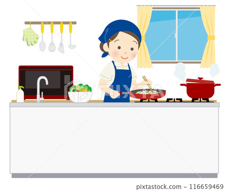 女工作人員負責做家事並準備預先準備好的餐點。 女工作人員負責做家事並準備預先準備好的餐點。 116659469