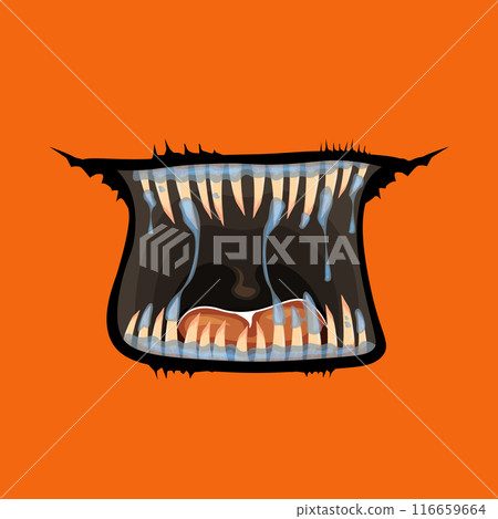 Vector cartoon funny zombie monster open mouth with drooling green slime isolated on orange background. Vector Halloween greeting card with funne orange monster mouth. Cartoon vampire and zombie fangs 116659664