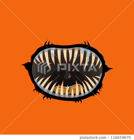 Vector cartoon funny zombie monster open mouth with drooling green slime isolated on orange background. Vector Halloween greeting card with funne orange monster mouth. Cartoon vampire and zombie fangs 116659670